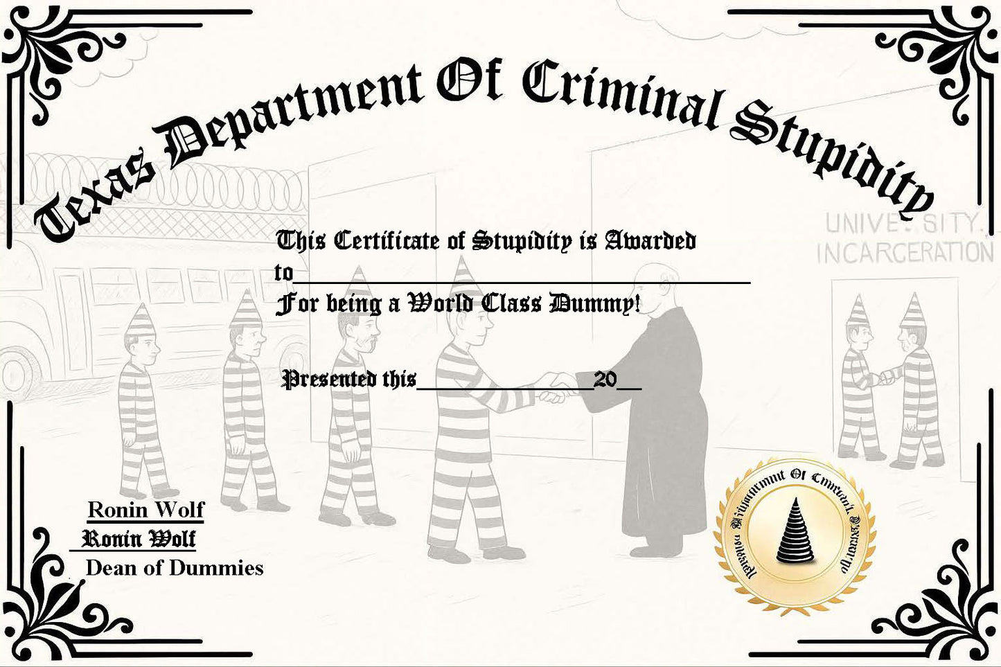 World Class Dummy Award Certificate